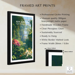 Framed Kew Gardens art print with botanical illustration, black frame, and product details