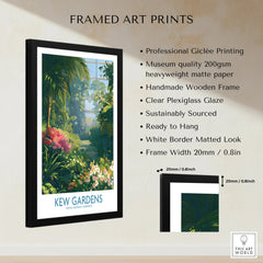 Framed Kew Gardens art print with botanical illustration, black frame, matte paper, and product details.
