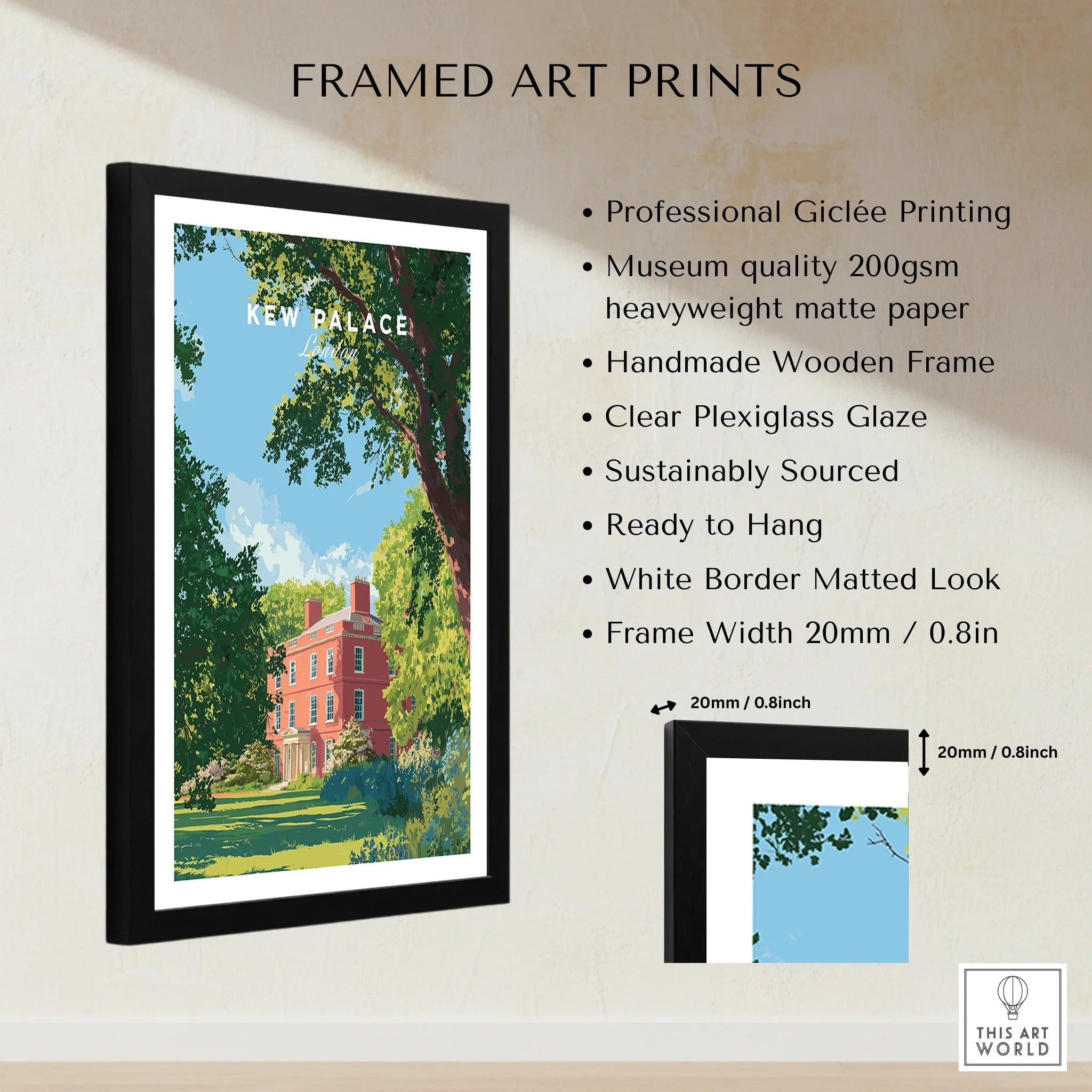 Framed Kew Palace travel art print with wooden frame, matted look, and feature details listed.