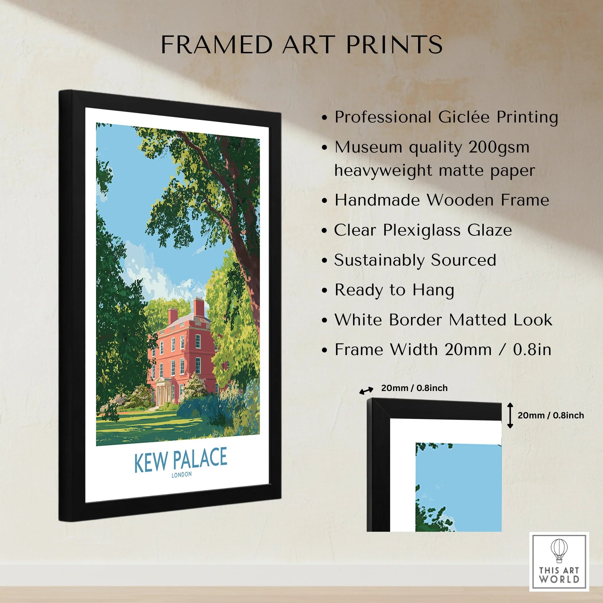 Framed art print of Kew Palace with trees, displayed with quality and frame details listed.