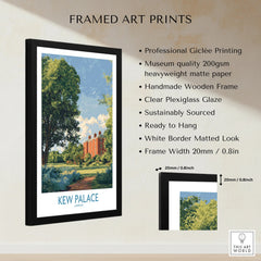 Framed Kew Palace London art print with wooden frame, shown with quality details and measurements.