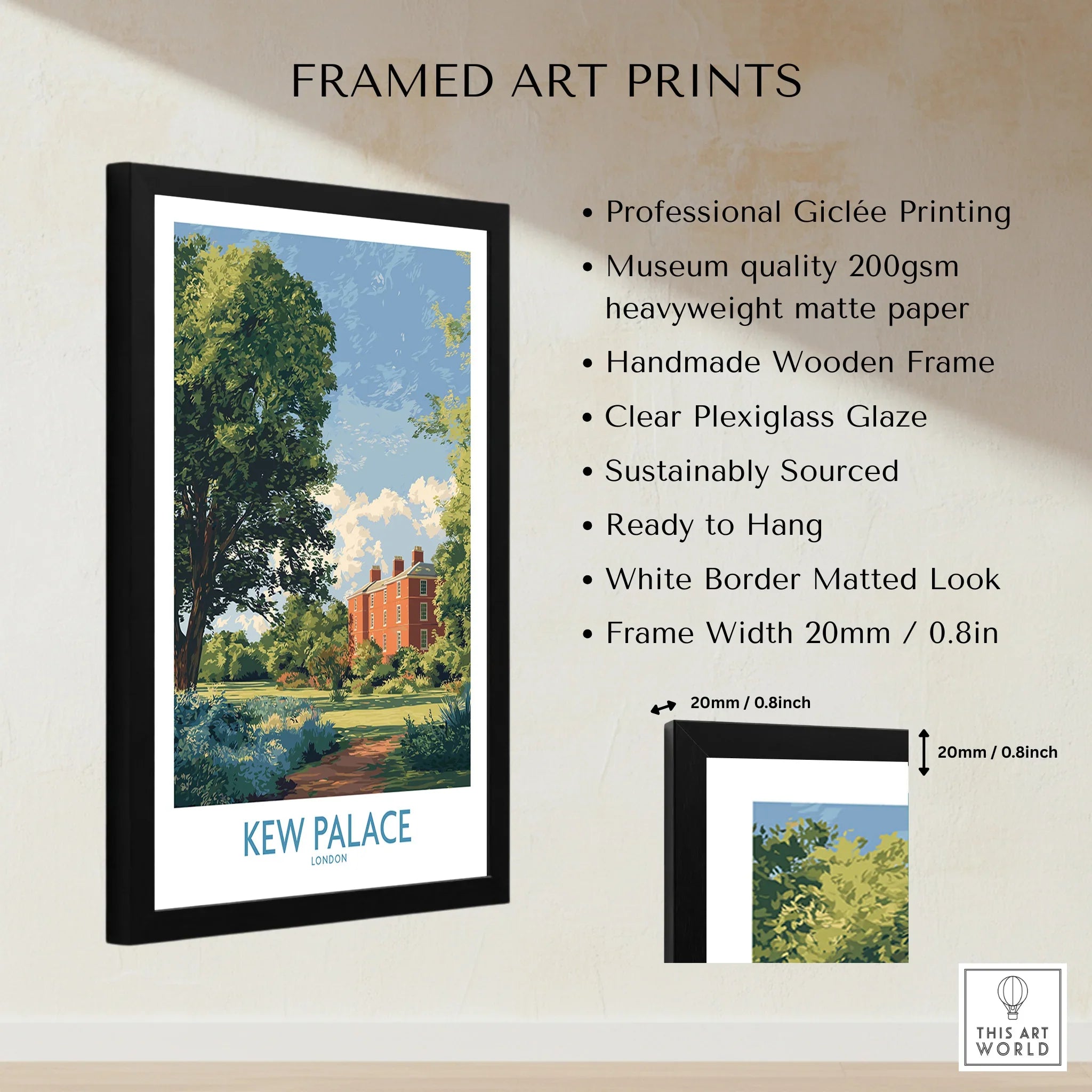 Framed Kew Palace London art print with wooden frame, shown with quality details and measurements.