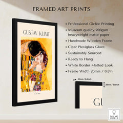 Gustav Klimt Art Print - The Kiss 1907 framed art print with clear plexiglass and white matting.