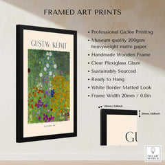 Gustav Klimt Art Print - Flower Garden Poster 1907 framed with specifications and features on display