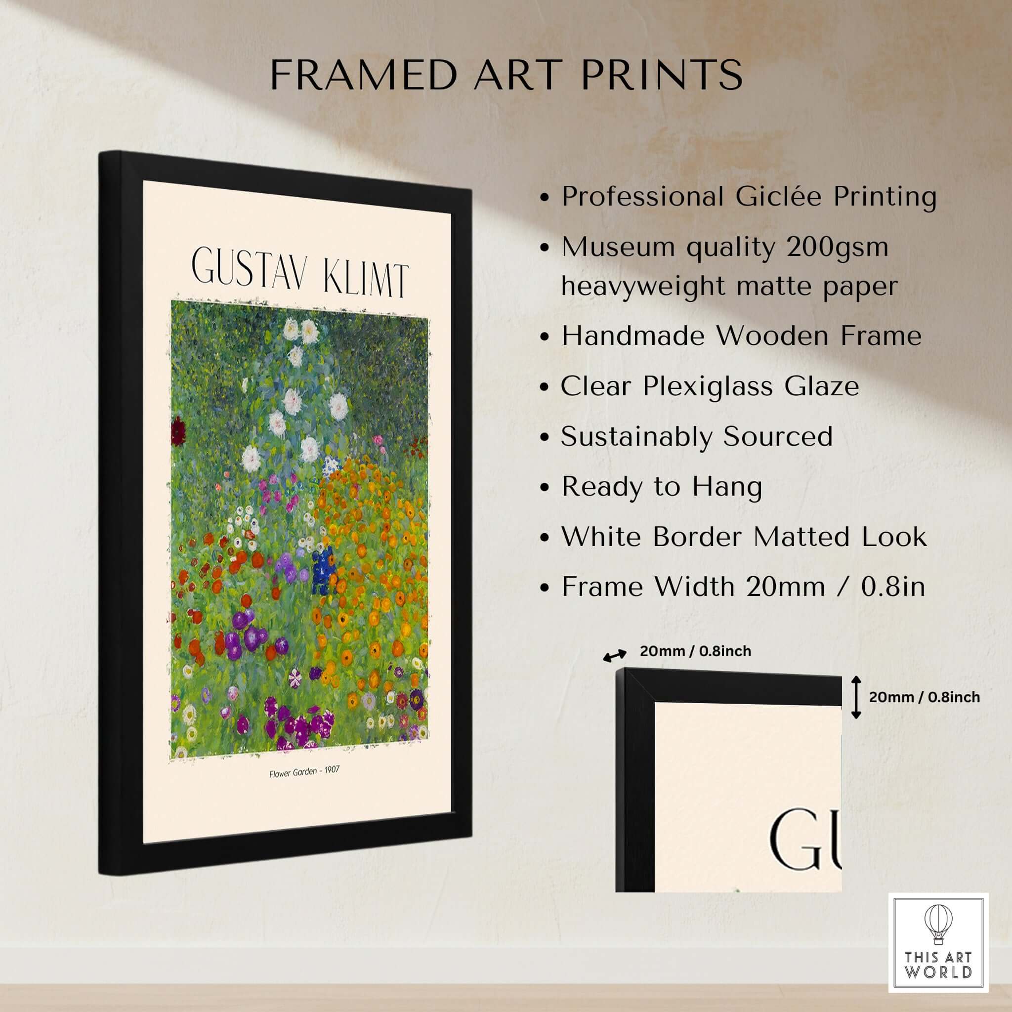 Gustav Klimt Art Print - Flower Garden Poster 1907 framed with specifications and features on display