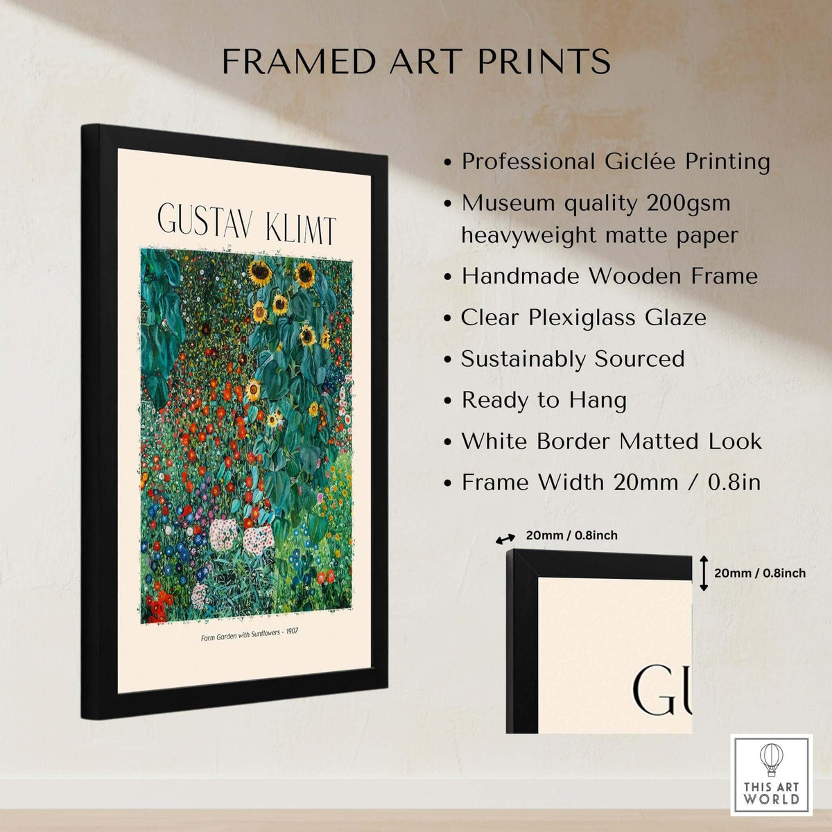 Gustav Klimt Art Print - Farm Garden with Sunflowers 1907 - Art Nouveau Landscape Poster Wall Decor framed in black