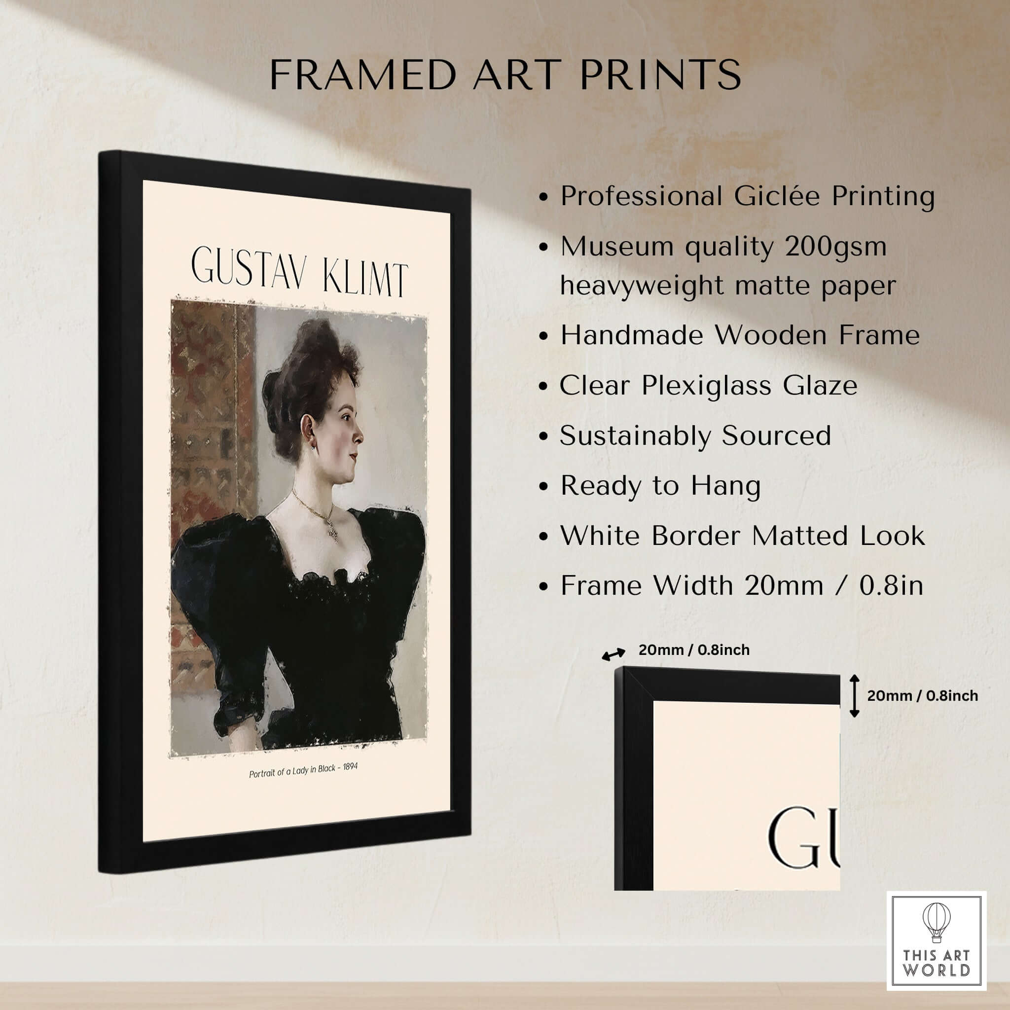 Gustav Klimt Art Print - Portrait of a Lady in Black 1894 showcased in a handmade wooden frame.