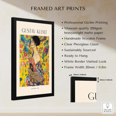 Gustav Klimt Lady with Fan Art Print 1918 - Art Nouveau Poster in framed display showcasing vibrant colors and details.