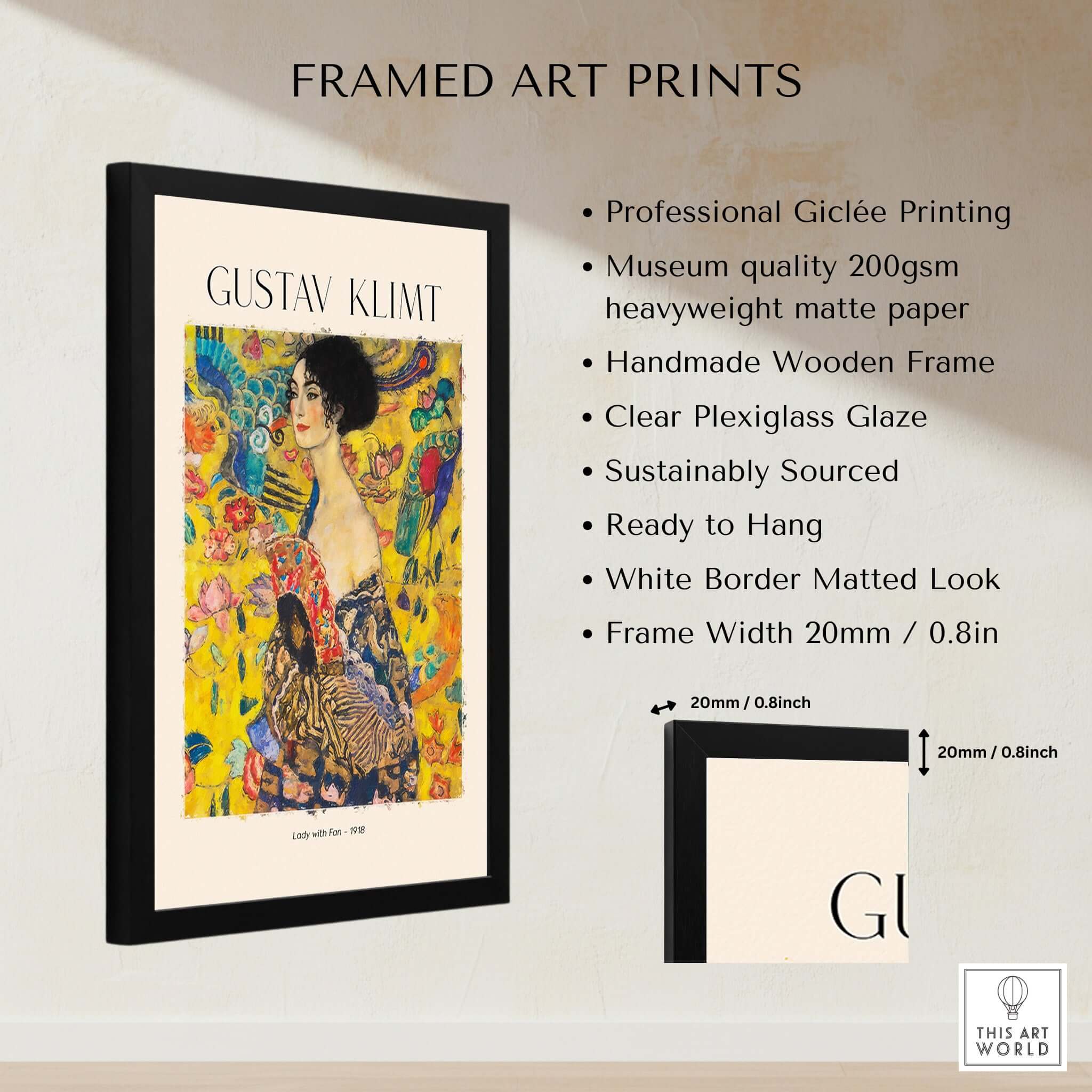 Gustav Klimt Lady with Fan Art Print 1918 - Art Nouveau Poster in framed display showcasing vibrant colors and details.