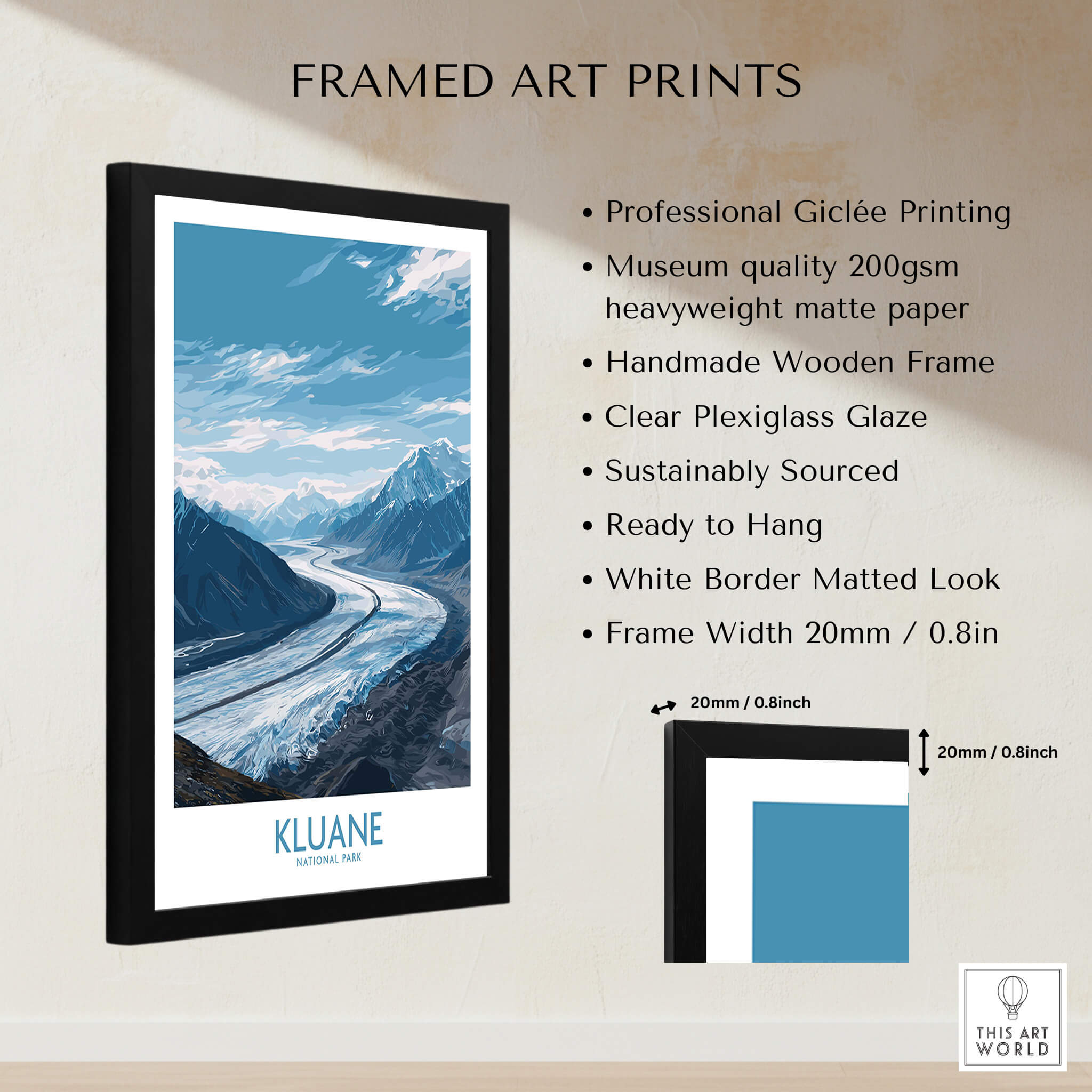 Kluane Poster National Park Canada | Snow Capped Mountains Canvas Print featuring professional Giclée printing and a handmade wooden frame.