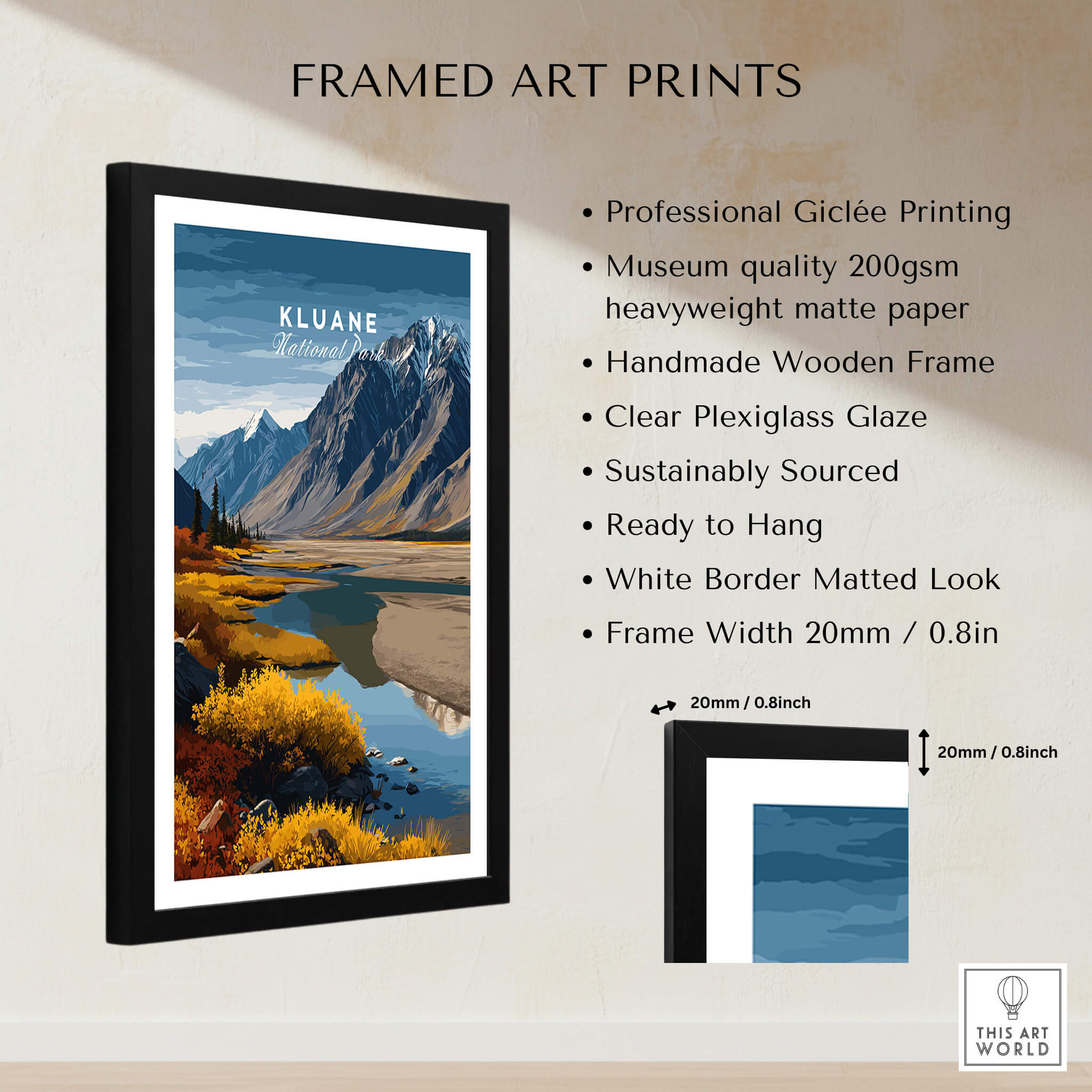 Kluane Travel Poster National Park Canada | Yukon Valley Wall Art Print framed with a wooden border and clear plexiglass.