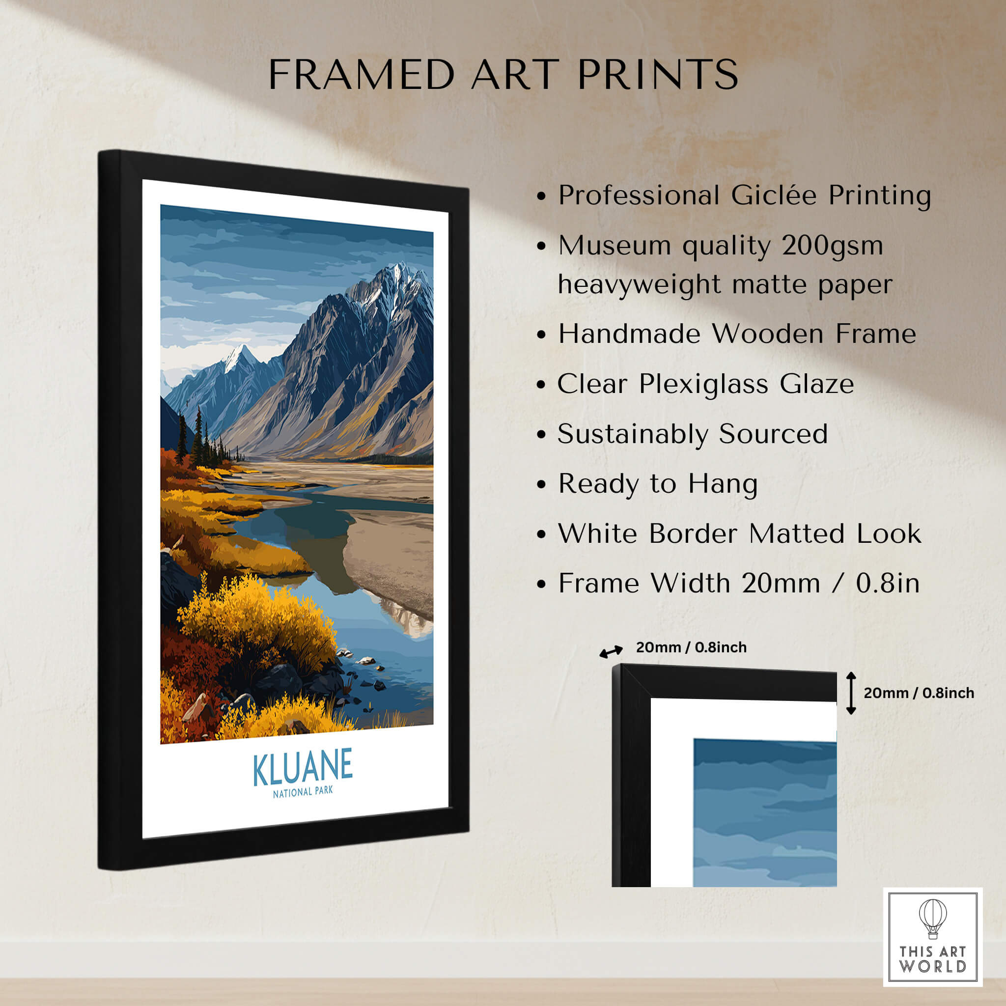 Kluane National Park Canada Canvas Print | Mountain Poster framed art print showcasing stunning mountains in a handmade wooden frame.