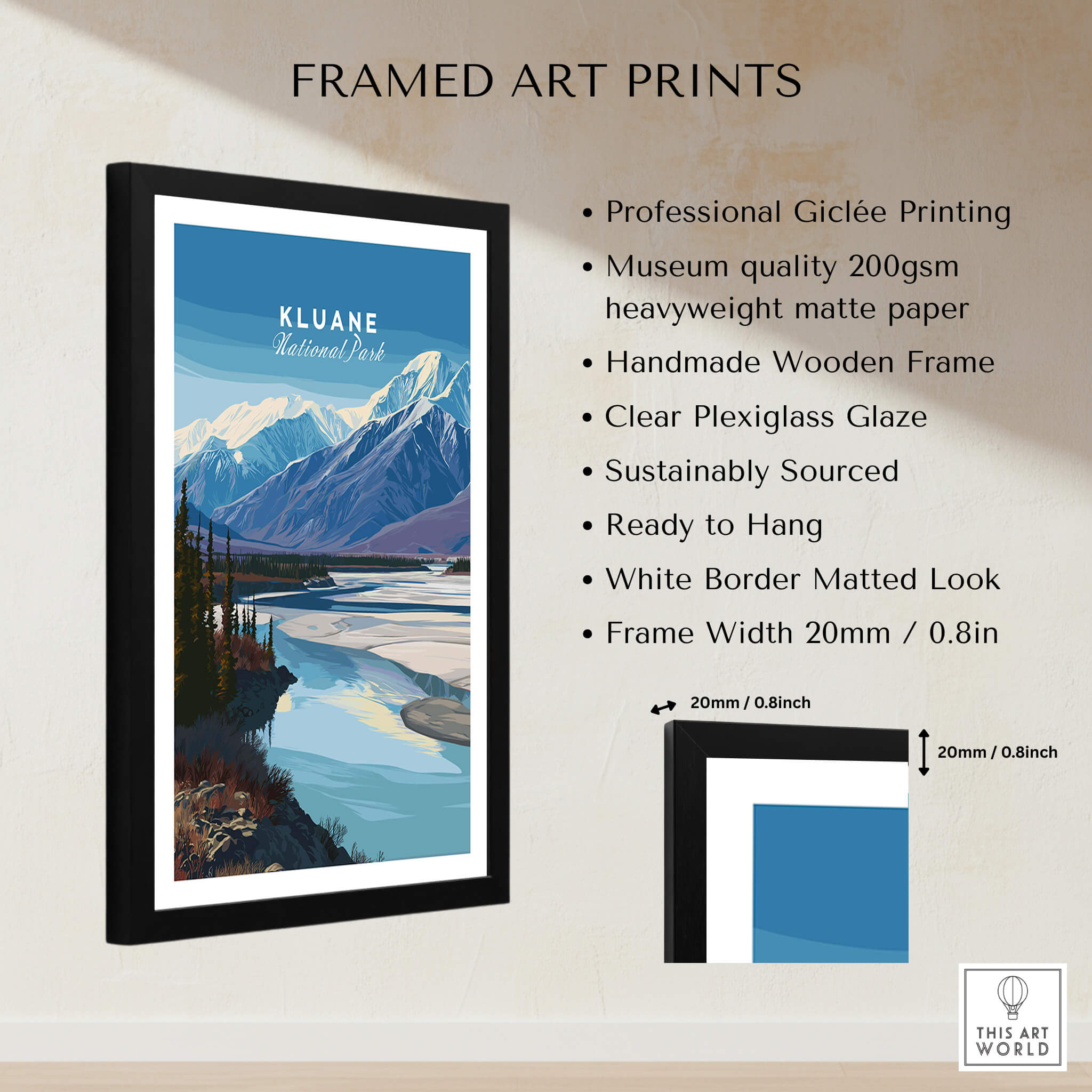 Kluane National Park Canada Wall Art Print | Scenic Yukon River Travel Poster, framed art print with mountains and river design.