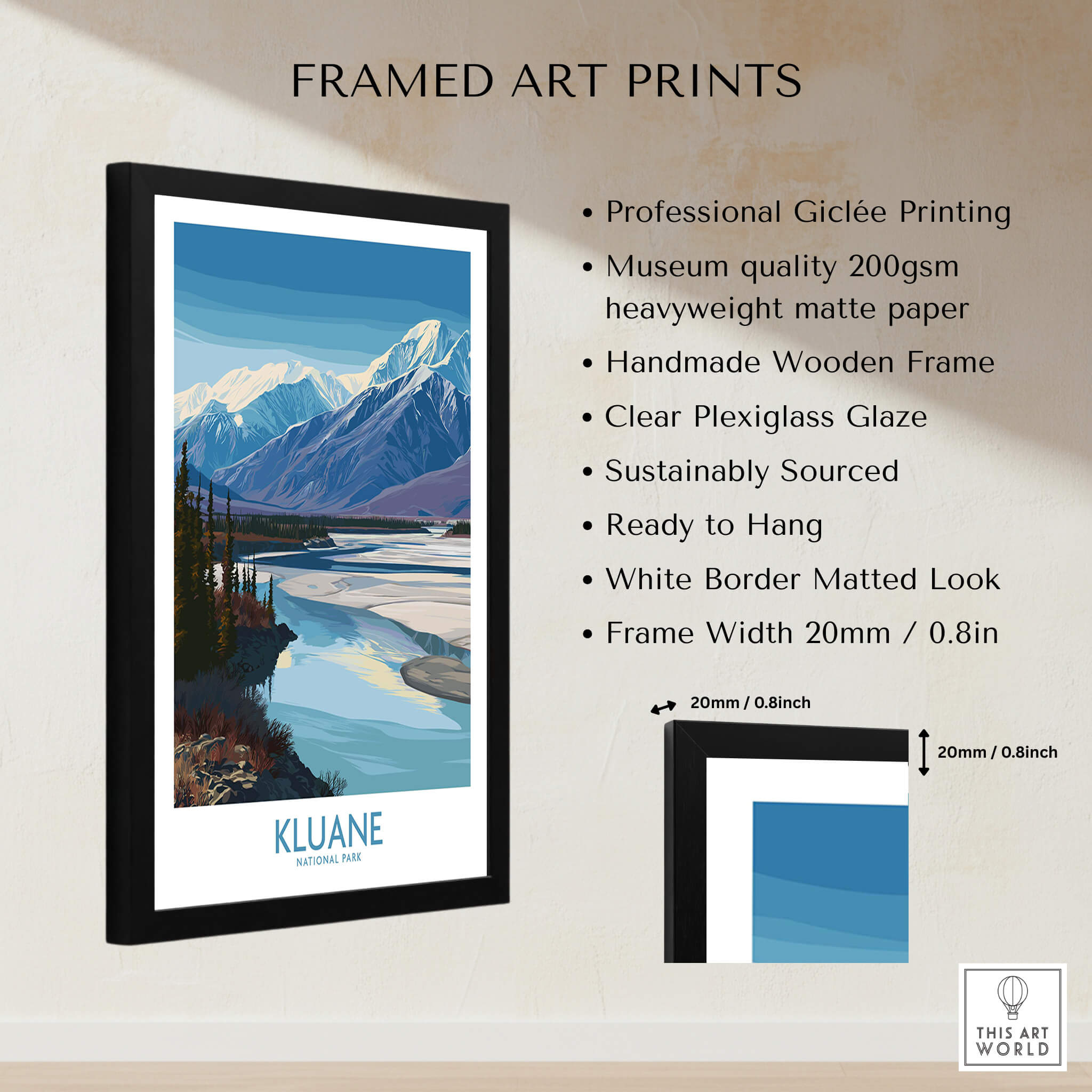 Kluane National Park Canada Poster | Blue Glacier Water Landscape Canvas Print framed art features professional Giclée printing.