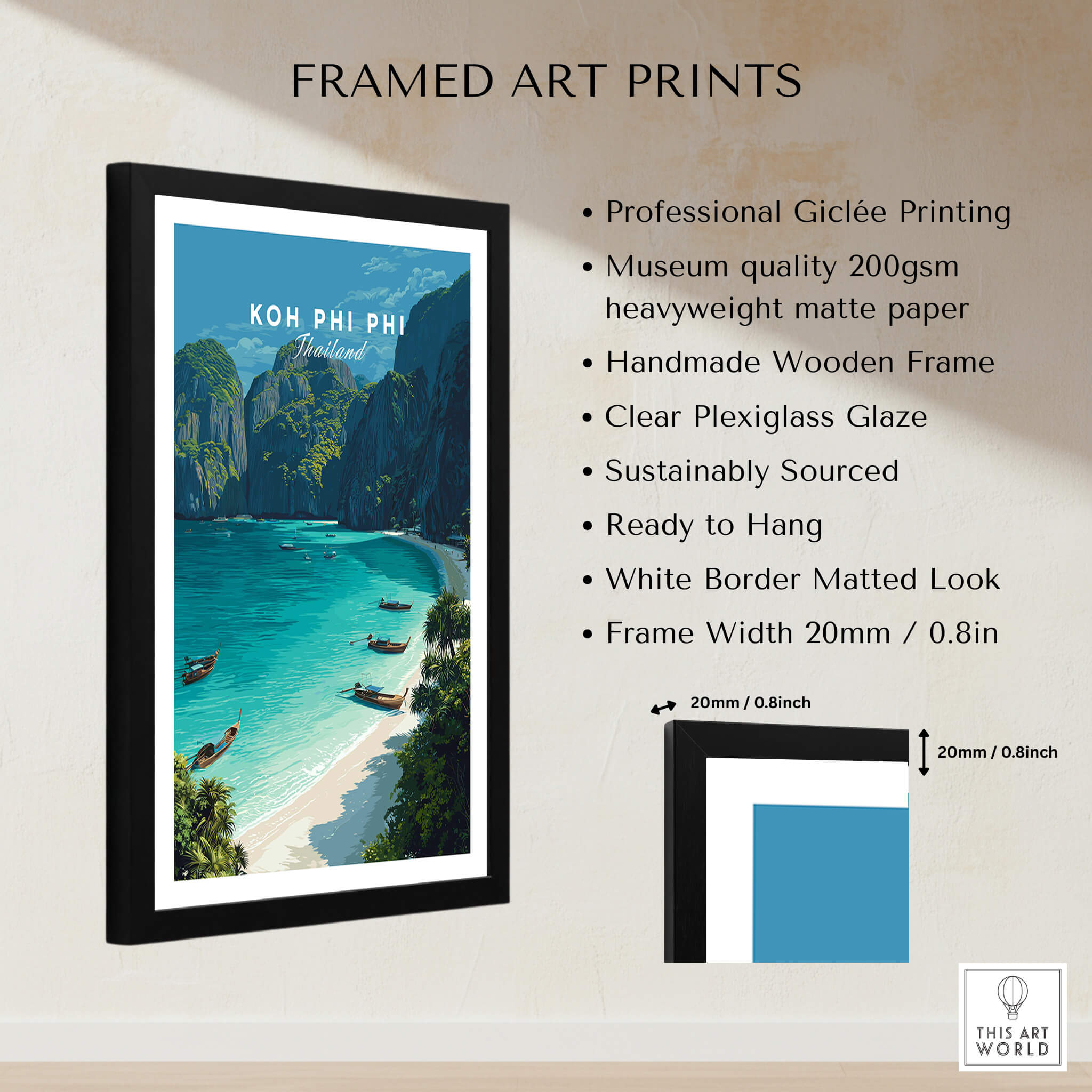 Koh Phi Phi Thailand Travel Poster | Maya Bay Tropical Beach Wall Art Print framed art print with Giclée printing and wooden frame