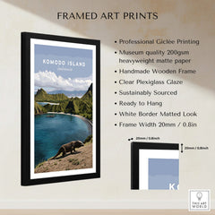 Komodo Island Indonesia framed travel poster with black wooden frame, matte finish, and size details.