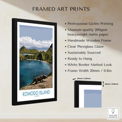 Framed Komodo Island art print showing scenic landscape, product features, and frame measurements
