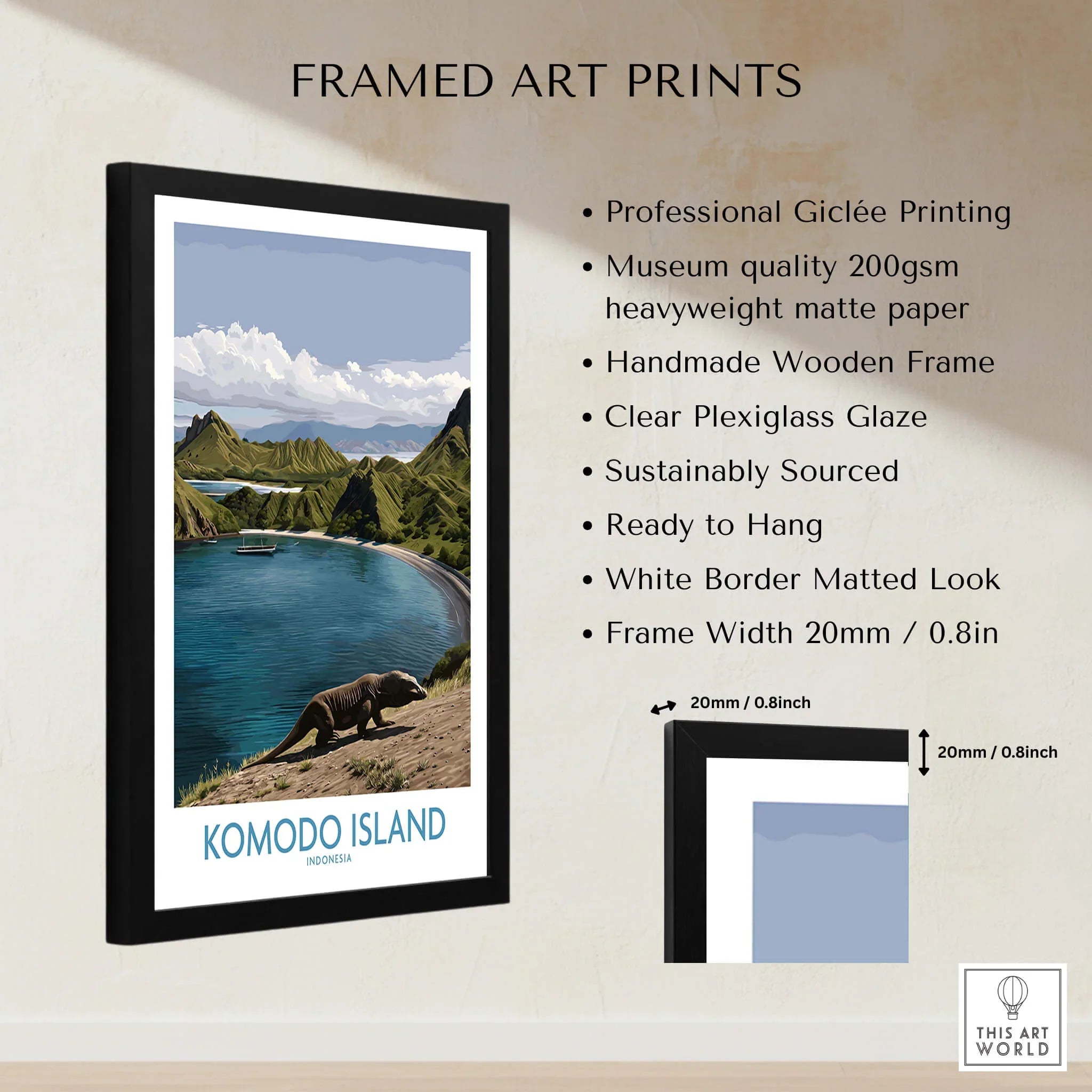 Framed Komodo Island art print showing scenic landscape, product features, and frame measurements