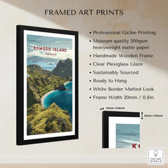 Framed Komodo Island travel poster with black wooden frame, white matted border, and description of art print quality features.