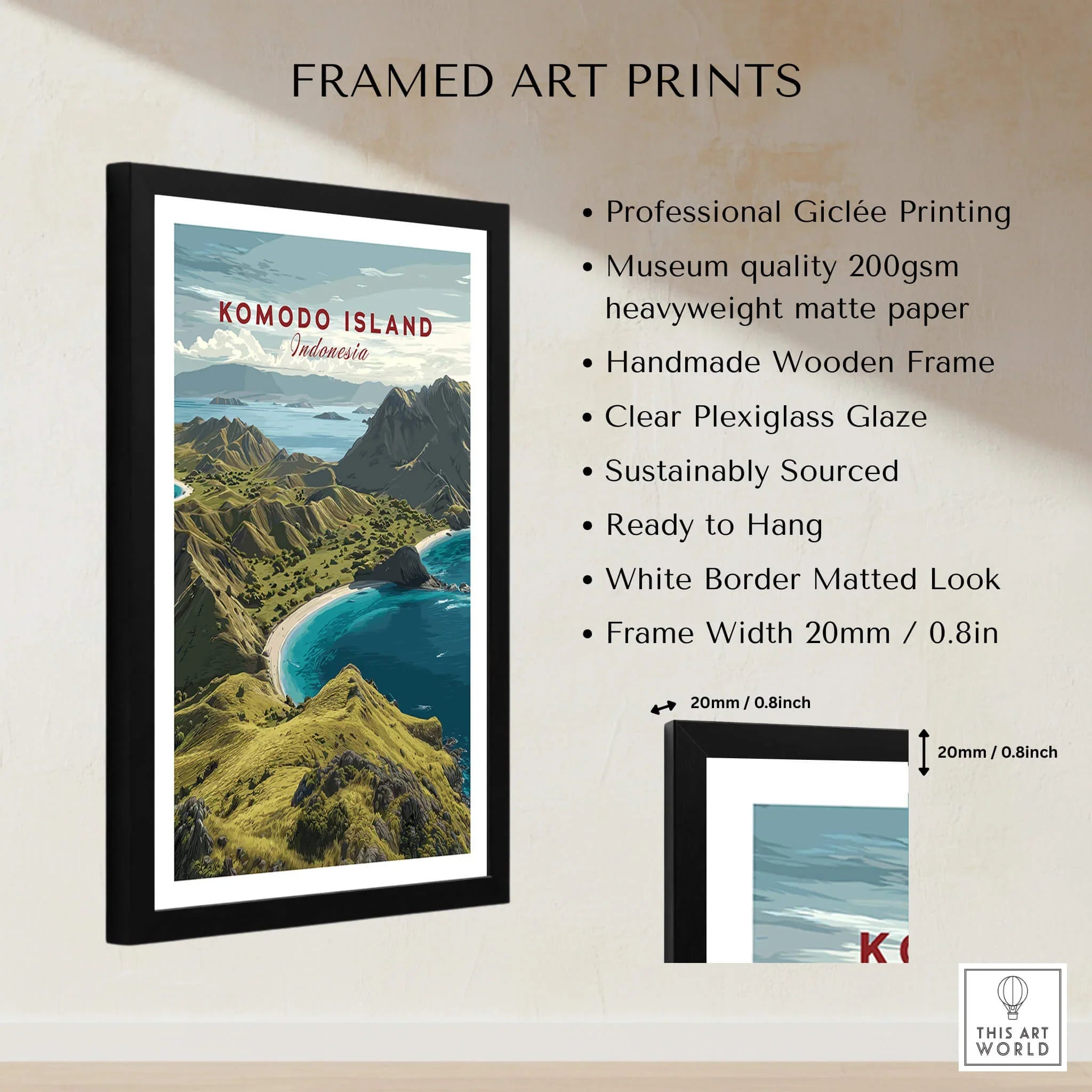 Framed Komodo Island travel poster with black wooden frame, white matted border, and description of art print quality features.