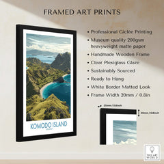 Komodo Island framed travel poster with wooden frame, white mat, and detailed print features