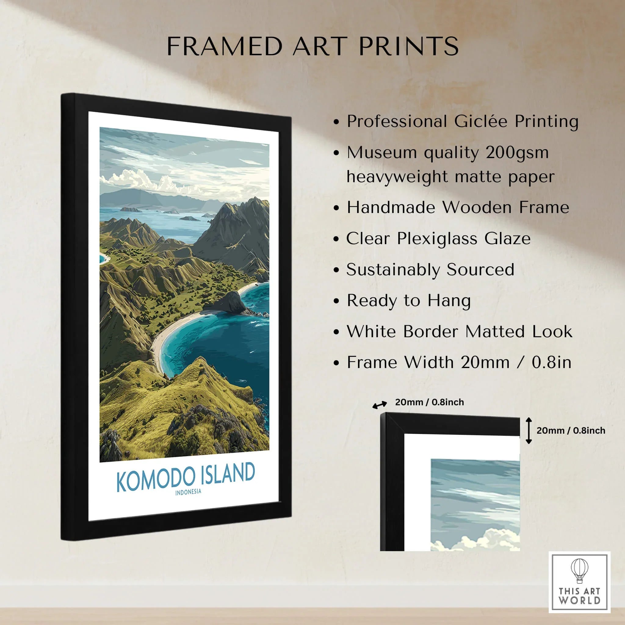 Komodo Island framed travel poster with wooden frame, white mat, and detailed print features