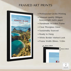 Framed Komodo Island Indonesia travel poster print with black wooden frame, white mat border, art print quality details and measurements displayed.