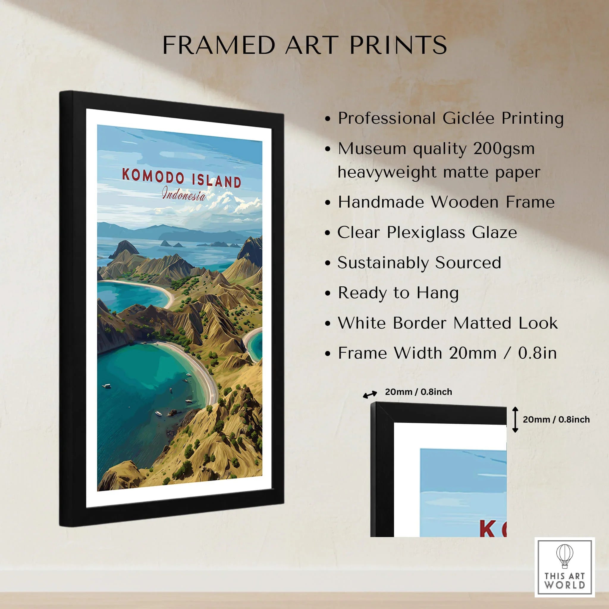 Framed Komodo Island Indonesia travel poster print with black wooden frame, white mat border, art print quality details and measurements displayed.