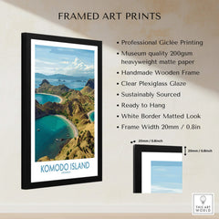 Framed Komodo Island travel art print with quality details and wooden frame specifications.