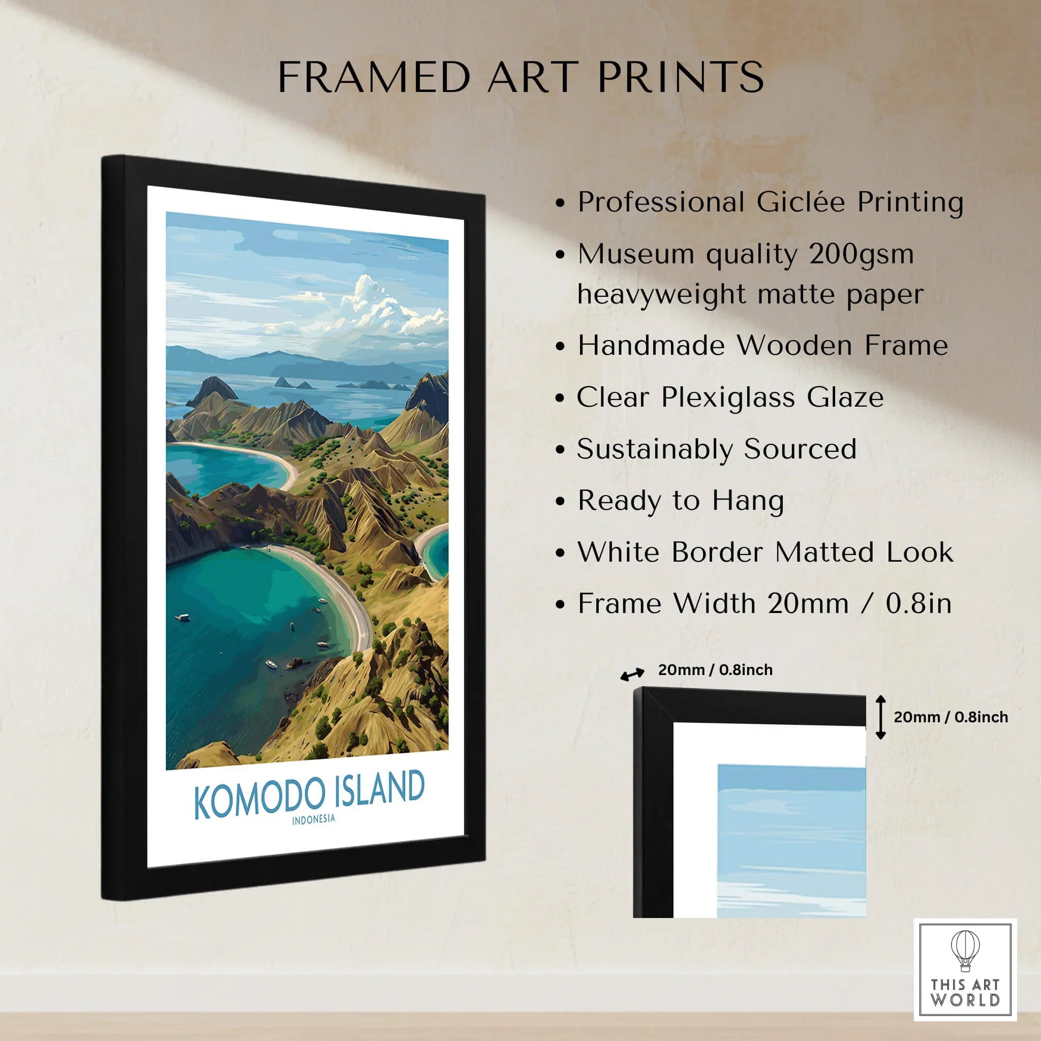 Framed Komodo Island travel art print with quality details and wooden frame specifications.