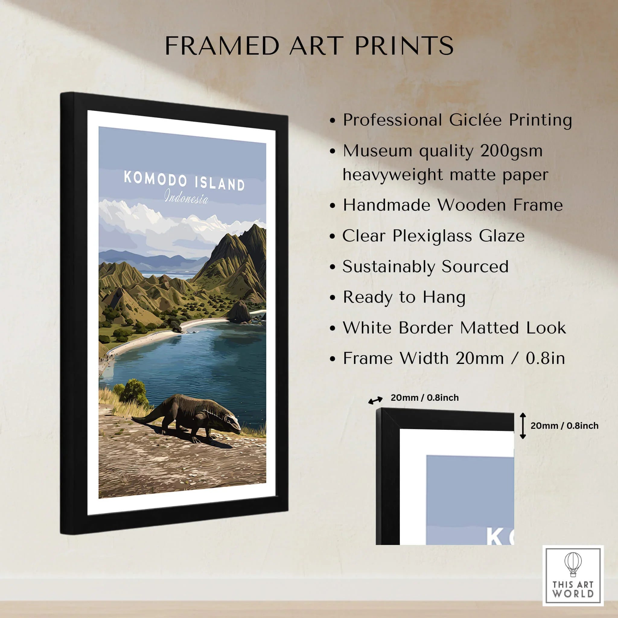 Framed Komodo Island travel art print with Komodo dragon, mountains, and detailed features list.