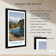 Framed Komodo Island travel poster, wooden frame, art print and quality details displayed