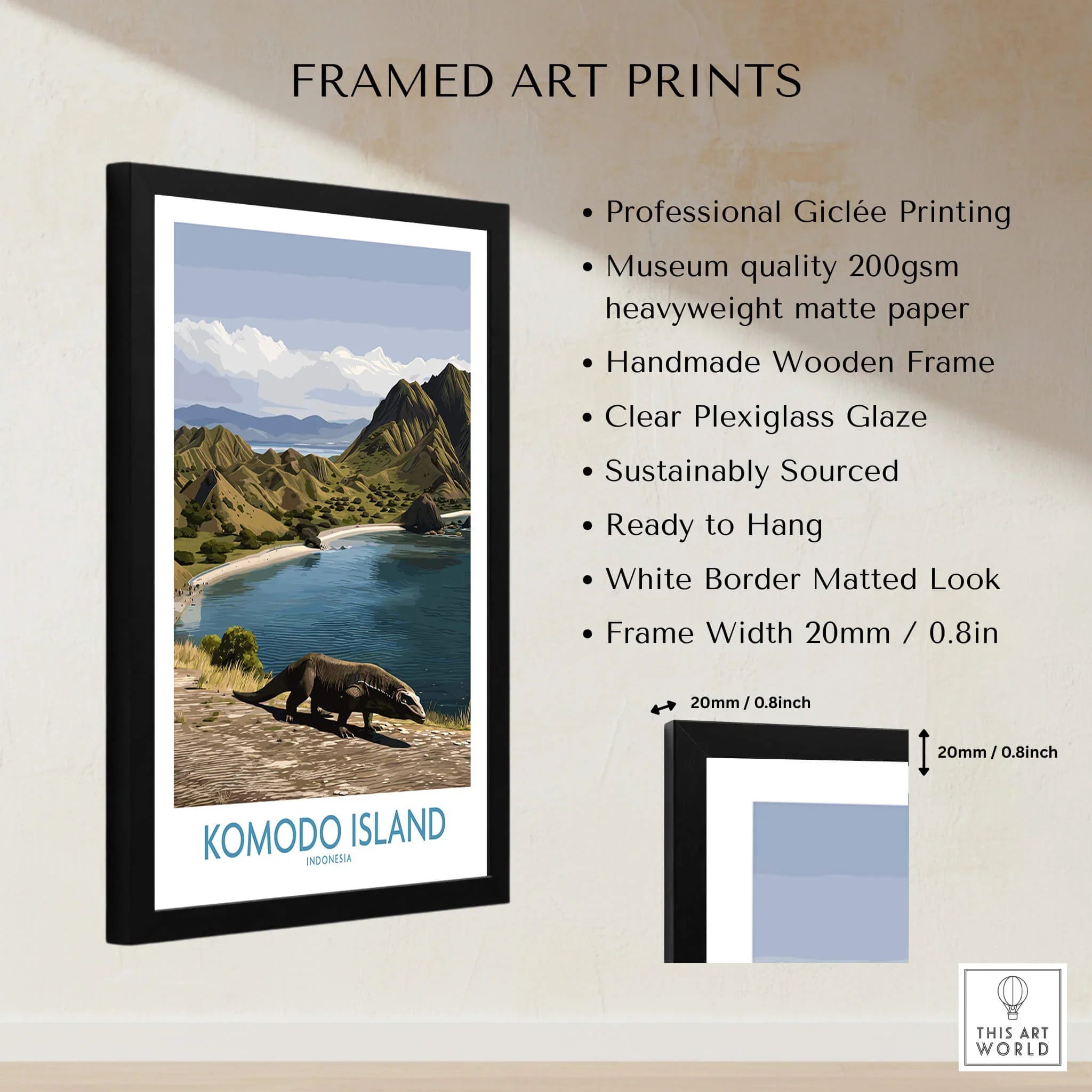 Framed Komodo Island travel poster, wooden frame, art print and quality details displayed