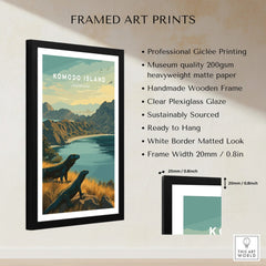 Framed Komodo Island Indonesia travel art print with professional giclée printing and wooden frame.