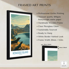 Framed Komodo Island art print with mountain landscape, wildlife, and product details