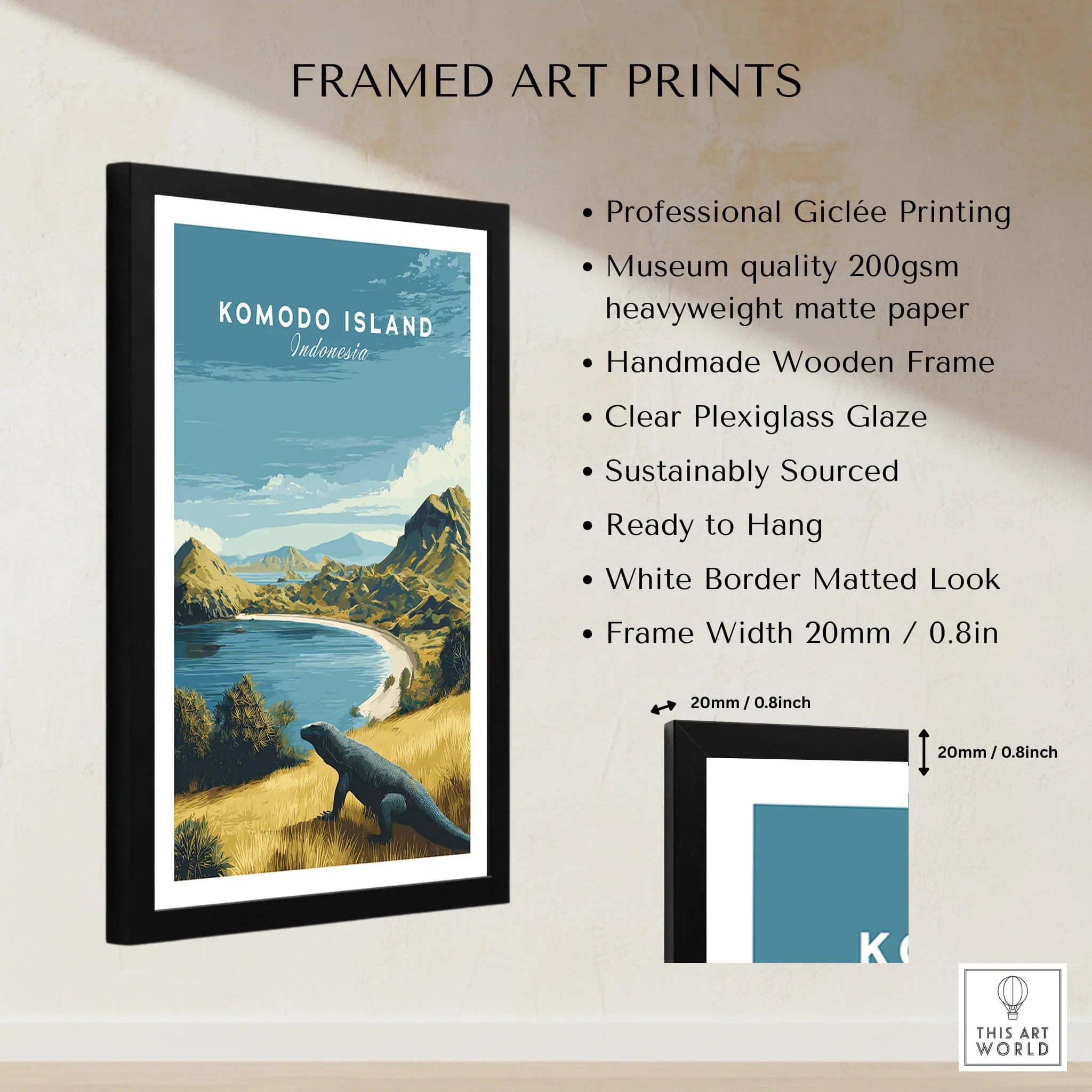 Framed Komodo Island Indonesia travel poster, wooden frame, museum-quality art print