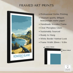 Framed Komodo Island travel poster print with coastal landscape, wooden frame, and product details.