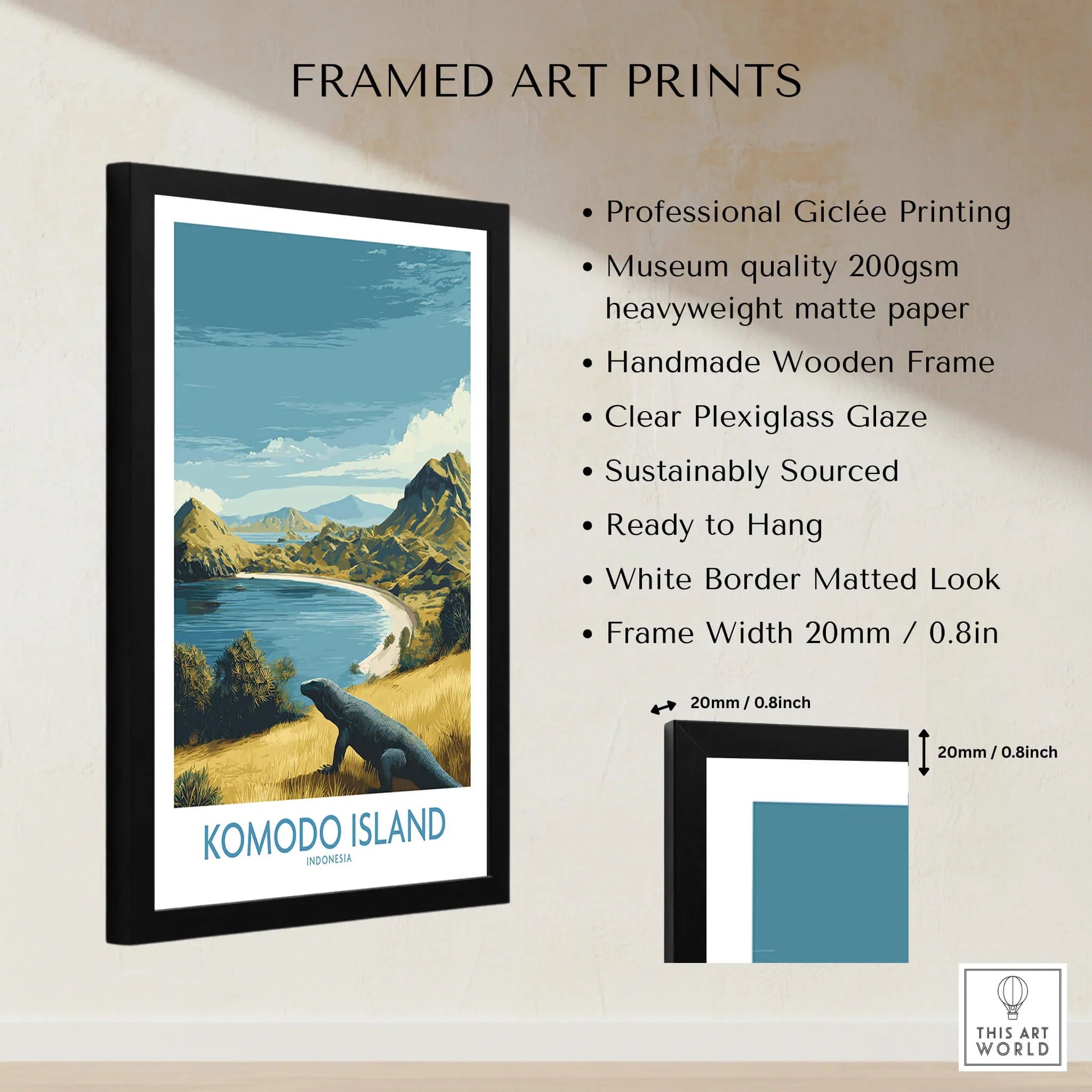 Framed Komodo Island travel poster print with coastal landscape, wooden frame, and product details.