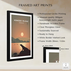 Framed Komodo Island travel poster art print with sunset, silhouette lizard, and product details.