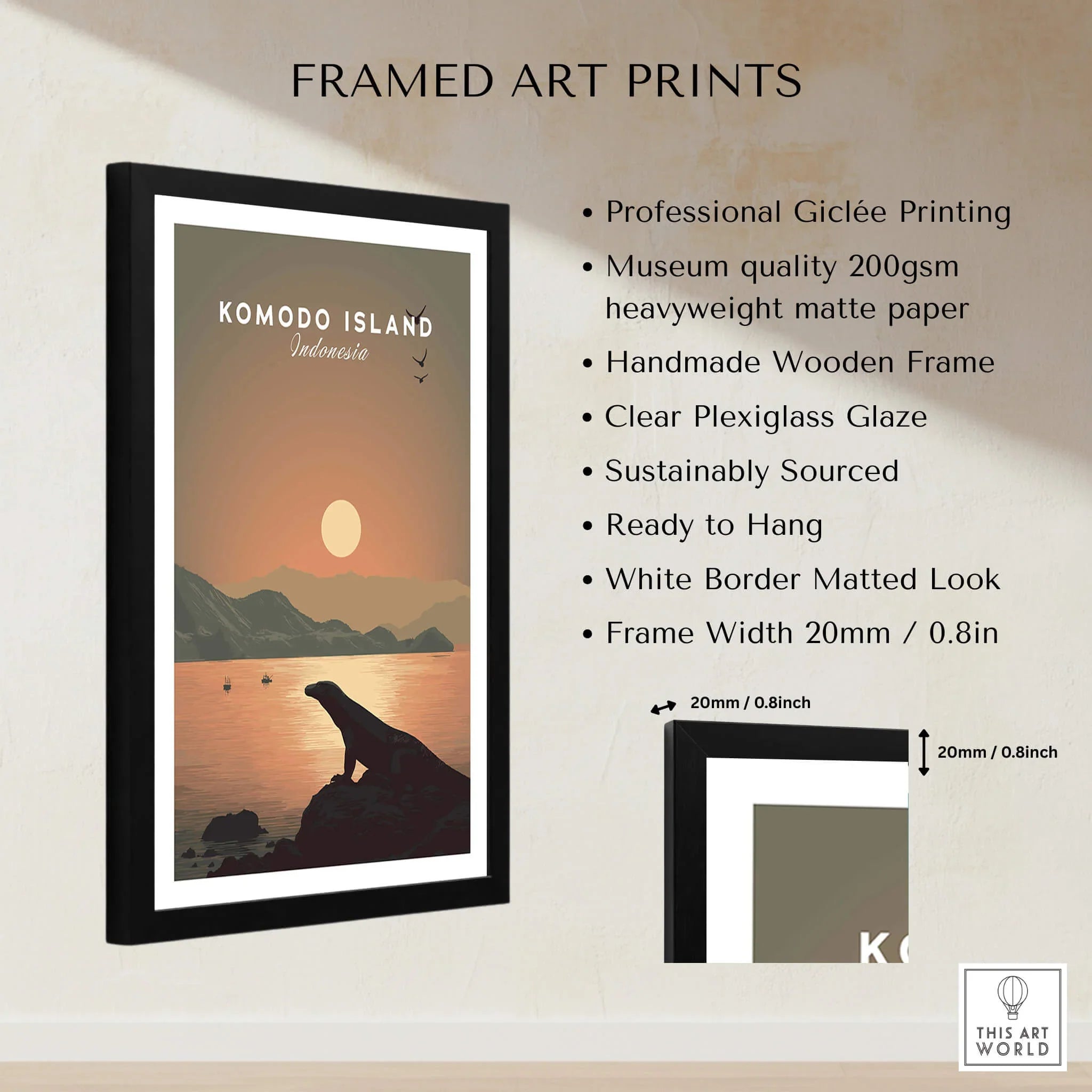 Framed Komodo Island travel poster art print with sunset, silhouette lizard, and product details.