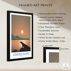 Framed Komodo Island travel poster print with sunset, black wooden frame, and quality details listed