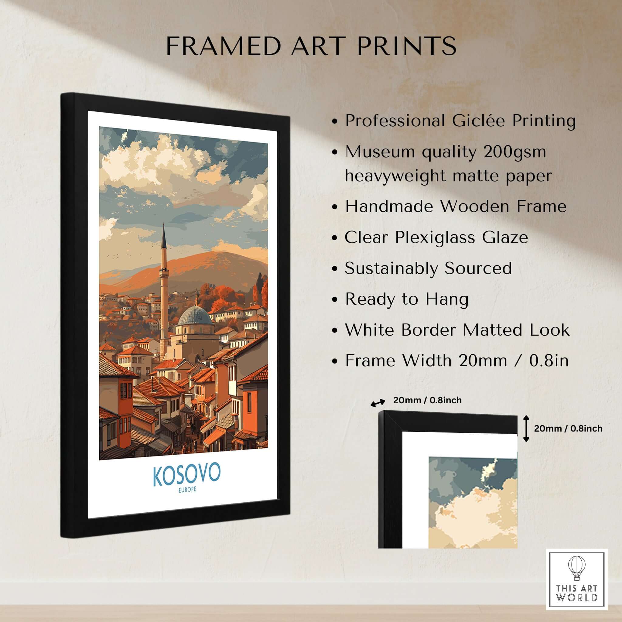 Kosovo Prizren Old Town Art Print | Historic Mosque View Poster framed art print showing vibrant colors and details.