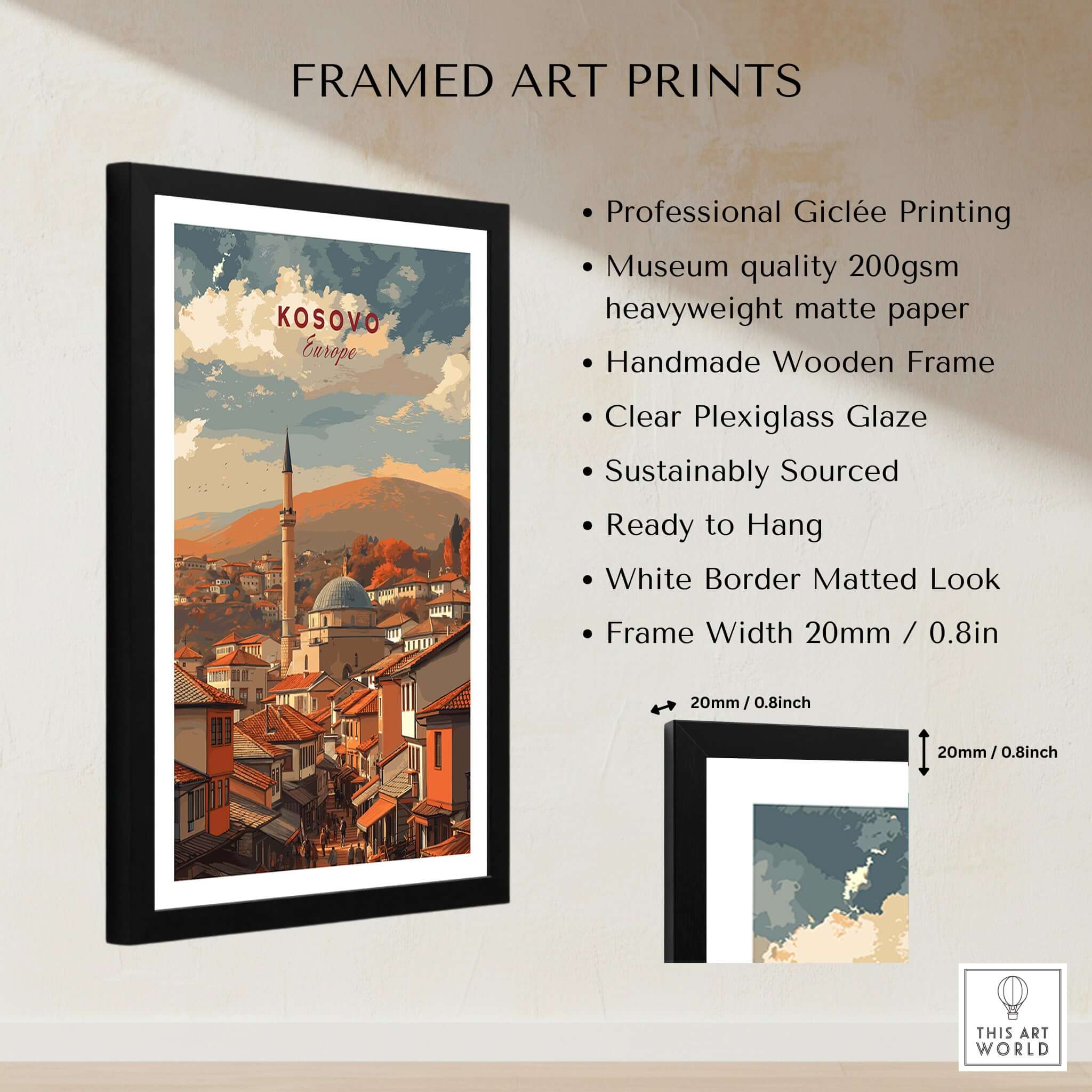 Kosovo Balkan City Rooftops Canvas Print | European Travel Wall Decor displayed within a professional frame with details.