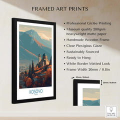 Kosovo Monastery and Mountains Art Print | Autumn Balkan Landscape Poster in a black frame with specifications.