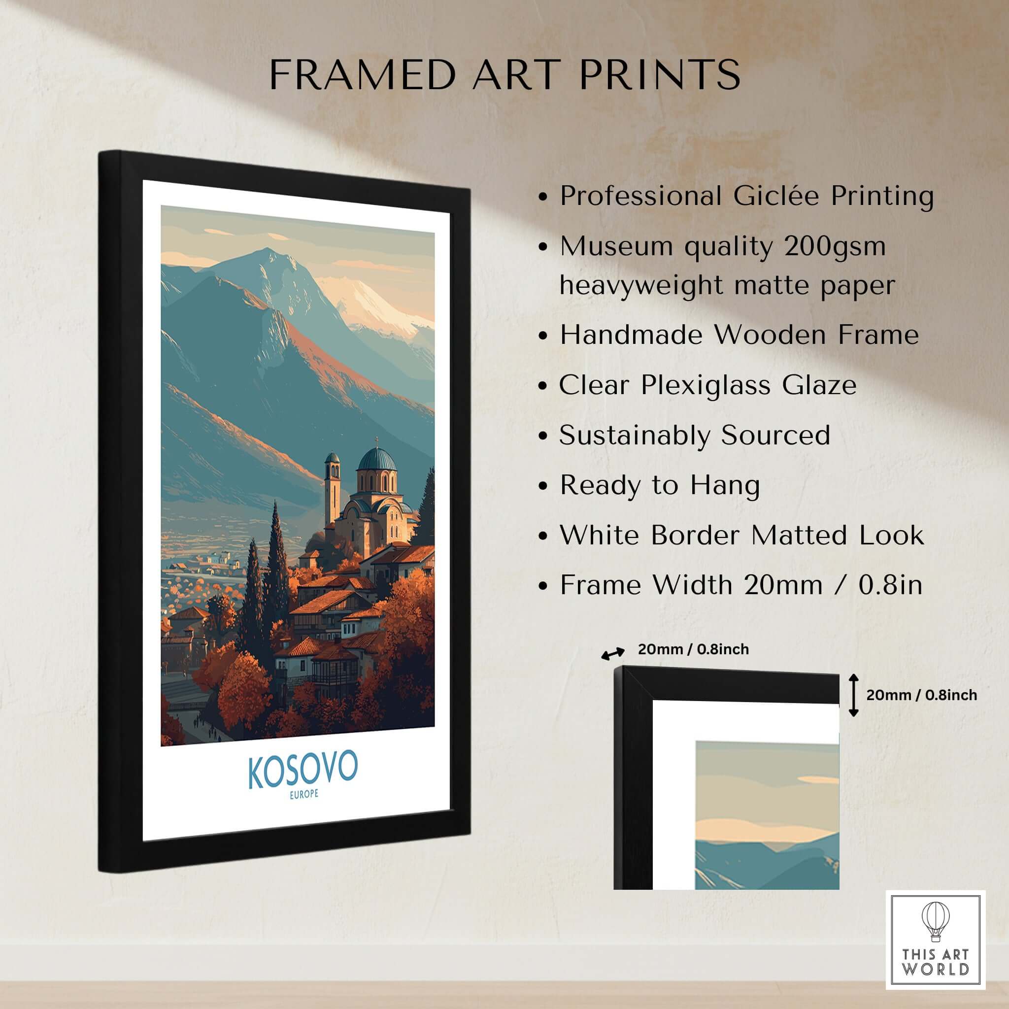 Kosovo Monastery and Mountains Art Print | Autumn Balkan Landscape Poster in a black frame with specifications.