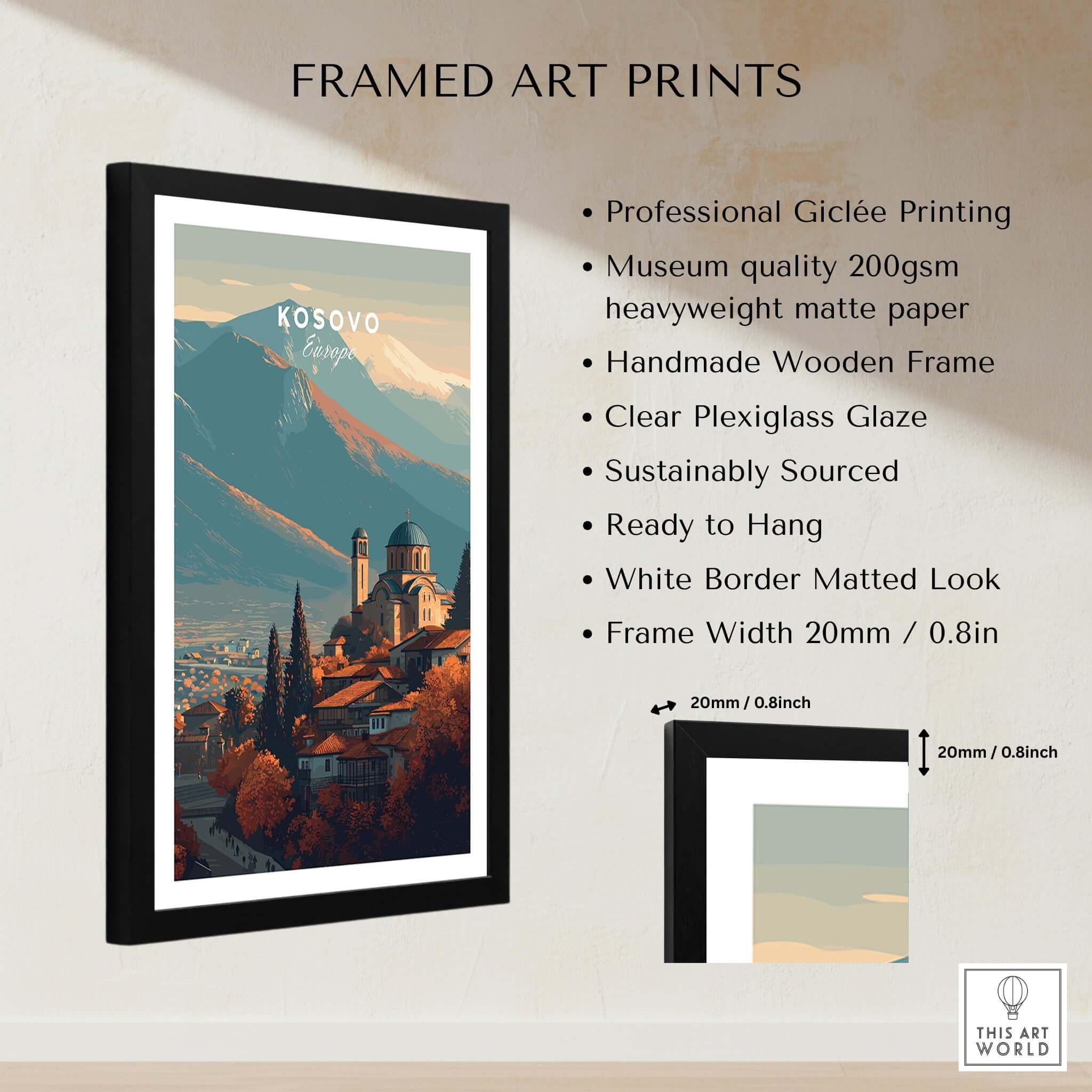 Kosovo Historic Church Hill View Canvas Print | European Wall Decor in a stylish frame with mountain backdrop.