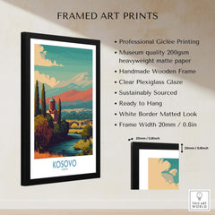 Kosovo Art Print | Snowy Mountain Balkan Poster displayed in a black frame with professional quality specifications.