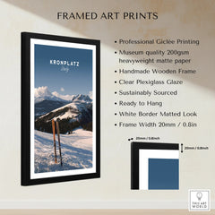 Framed Kronplatz Italy art print with snowy mountain scene, black wooden frame and white mat border.
