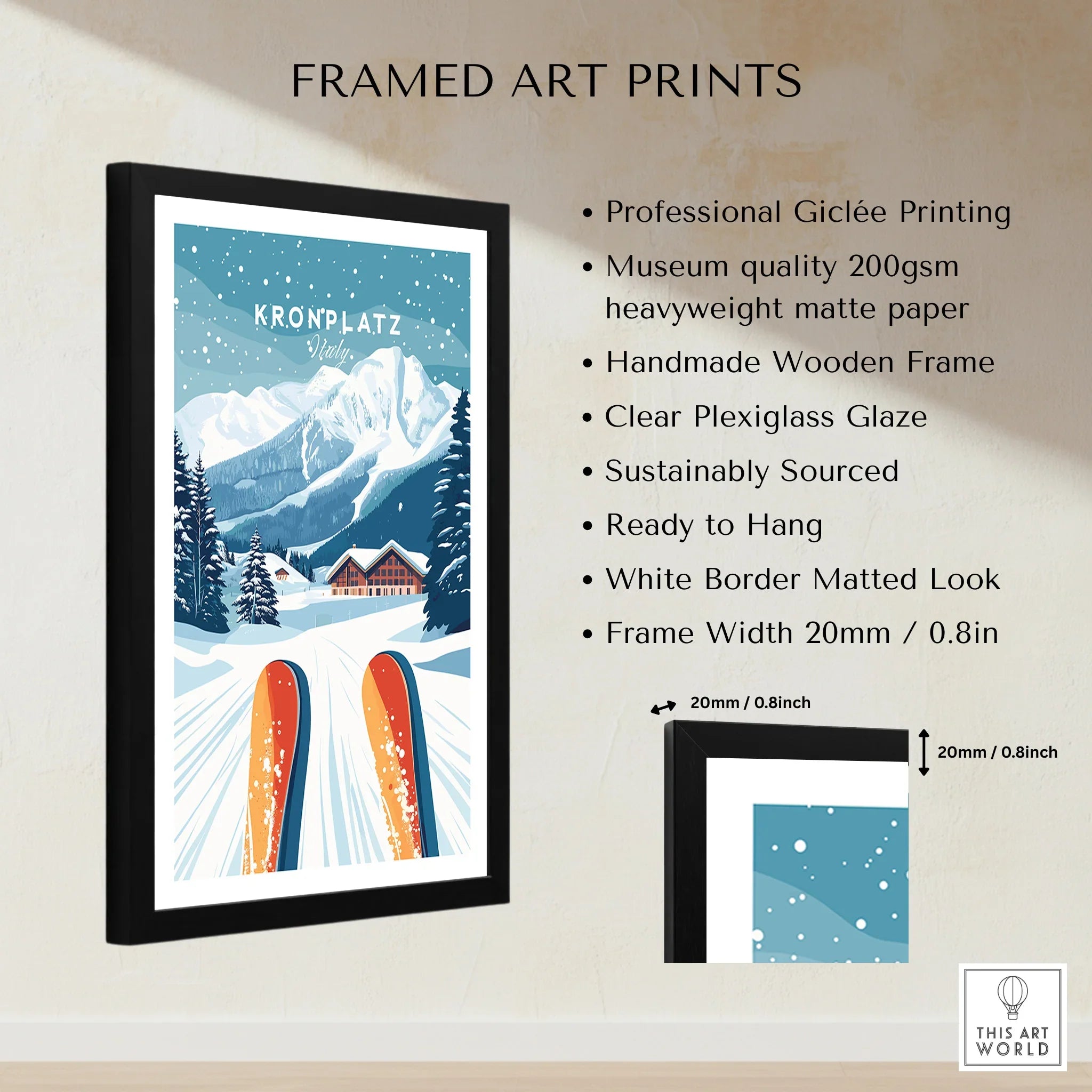 Framed Kronplatz Italy ski print with snowy mountain art, wooden frame details and specs