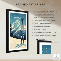 Framed art print of Kronplatz Italy ski poster with snowy mountain, features and frame details